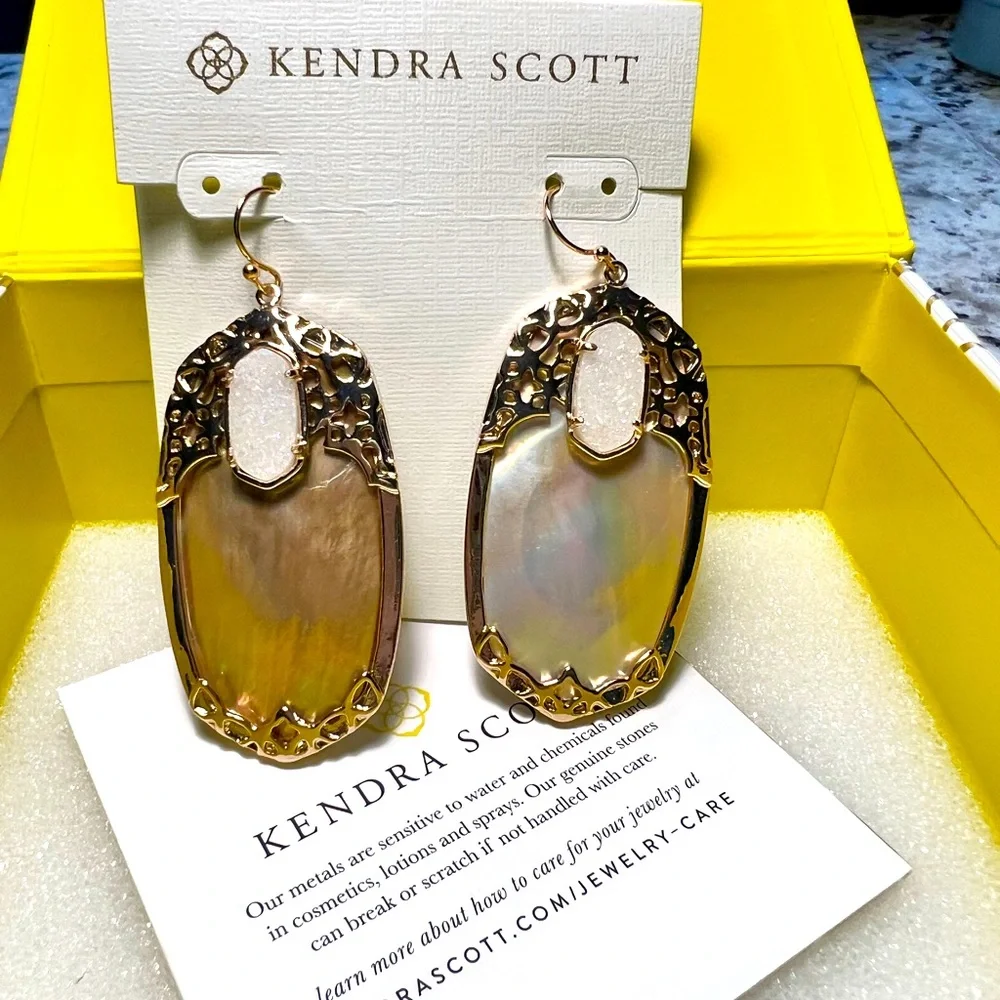 NWT Kendra Scott Deva Earrings Rose Gold Brown Pearl & Iridescent Drusy So RARE! - Picture 8 of 12